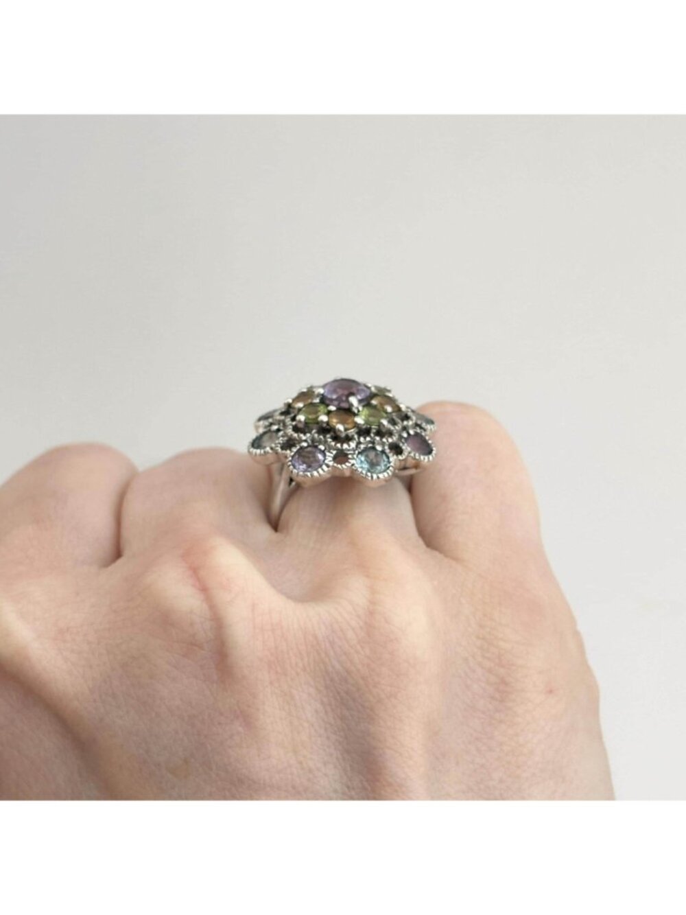 Cluster Rainbow Gemstone Blooming Flower Sterling Silver 925 Vintage Ring - sz 6 - Picture 13 of 16